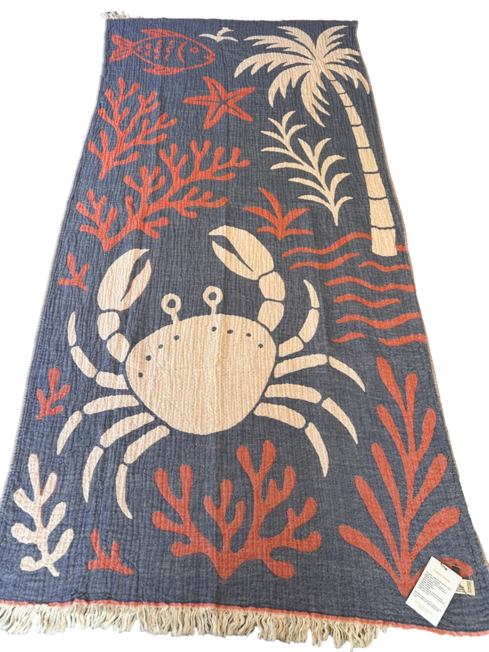 Woven Cool Crab Beach Towel Loom Weave 2 Side Navy + Coral NEW